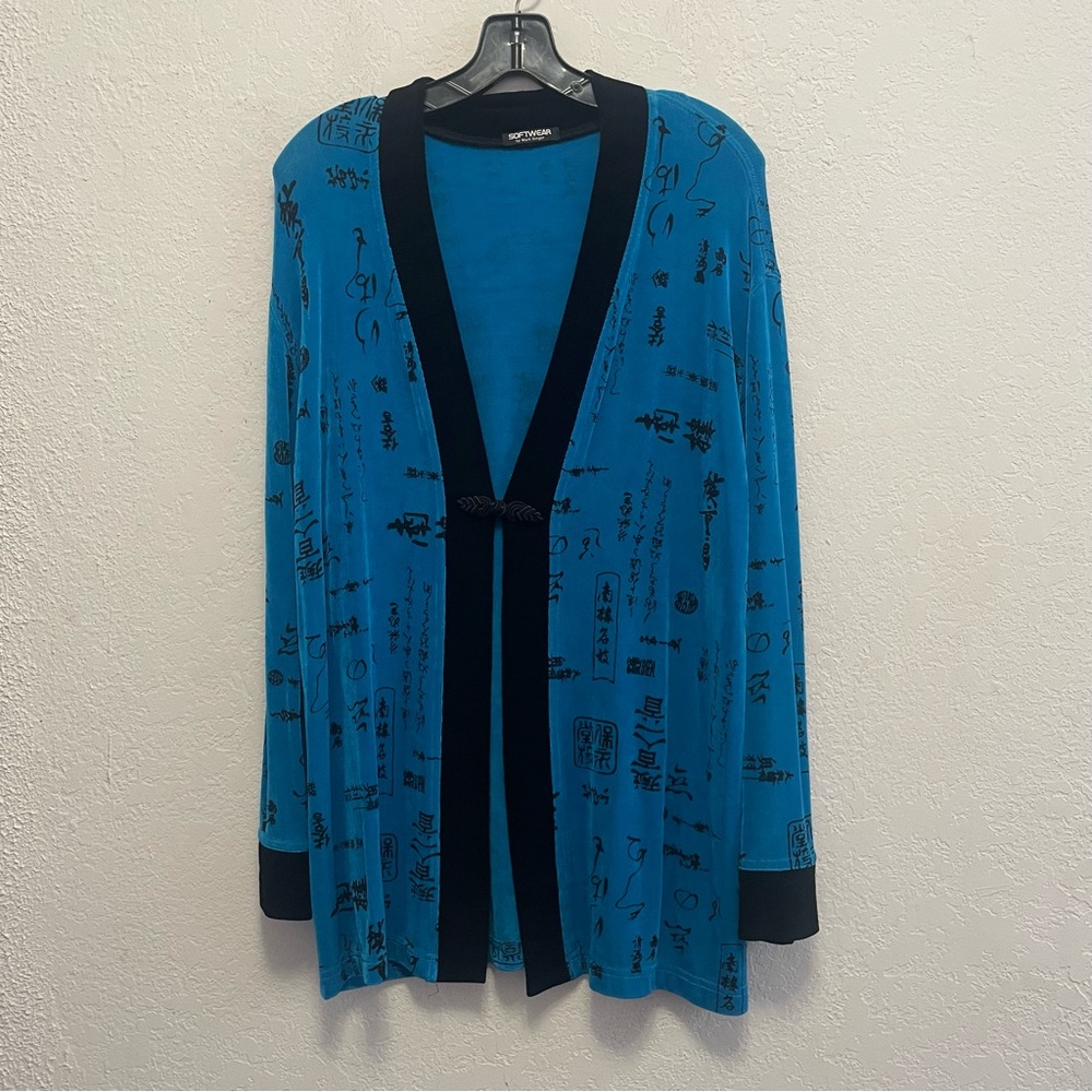 Softwear By Mark Singer Kimono Jacket S Blue Black Asian Print Stretch Slinky